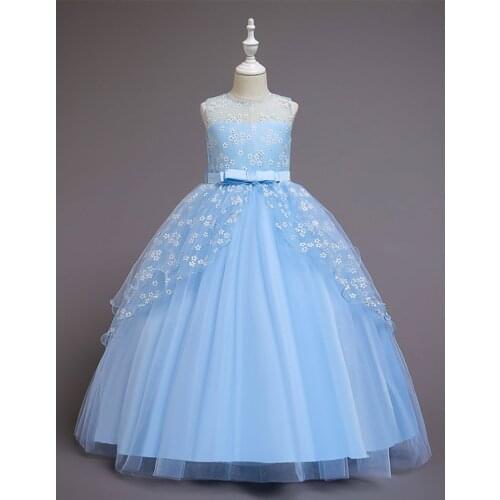 Elegant Flower Girl New Tutu Princess Dress Teenage Blue Formal Prom Gown for Wedding Kids Girls Long Dresses Children Clothing