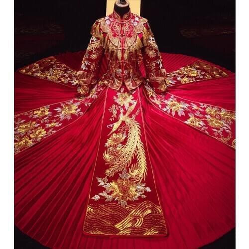 Chinese Vintage Golden Embroidery Phoenix Wedding Dress Stylish Modern Long Clothes Cheongsam China Qipao китайская одежда