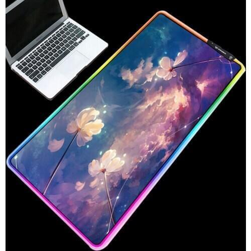 Beautiful Flowers Water Reflection Picture Printed Mousepad RGB Lighting 7 Colors Gaming Personality Desk Pad 900x400/800x300mm