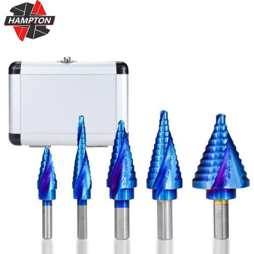 5pcs Triangle Shank Spiral Groove Step Drill Bit Set HSS Nano Blue Coated Cobalt Step Drill Bits Cone Hole with Aluminum Case