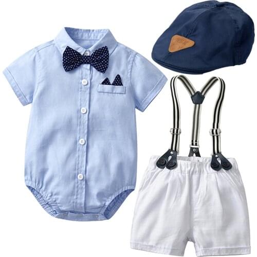 Baby Boy Newborn Clothing Set formal baby clothes 1th Birthday Party Gift Infant Handsome Bow Outfit Hat + Rompers + Shorts