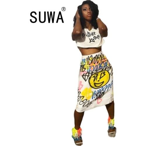 Wholesale Tie Dye Chic Women Two Piece Clothing Sets With White Skirt Short Sleeve Harajuku T-shirt Top Bodycon Long Skirts Set