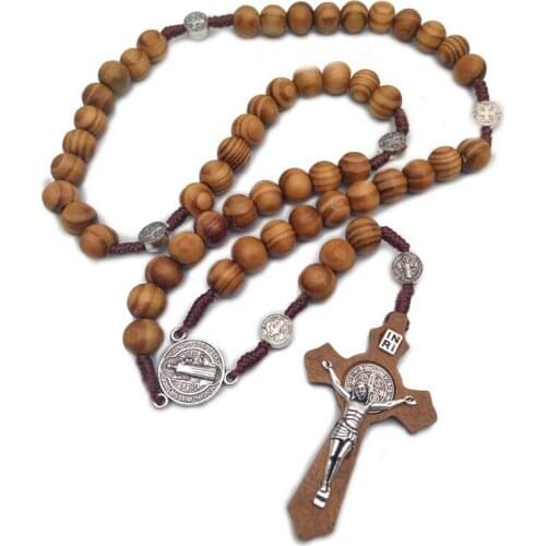 Christ Religious Cross Pendant Necklace Wooden Beading Necklaces Handmade Round Bead Meditation Jewelry Women Men Rosary Choker