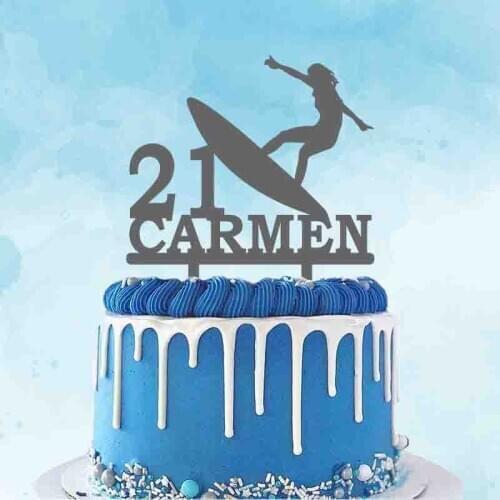 Personalized Surfer Cake Topper Custom Name Age Girl Surfing Silhouettes For Surfer Birthday Party Cake Decoration Topper