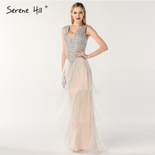 Sexy V-neck Beads Silver Tassels Mermaid Evening Dresses 2020 Low Back Floor Length Robe De Soiree Real Pictures BLA6674