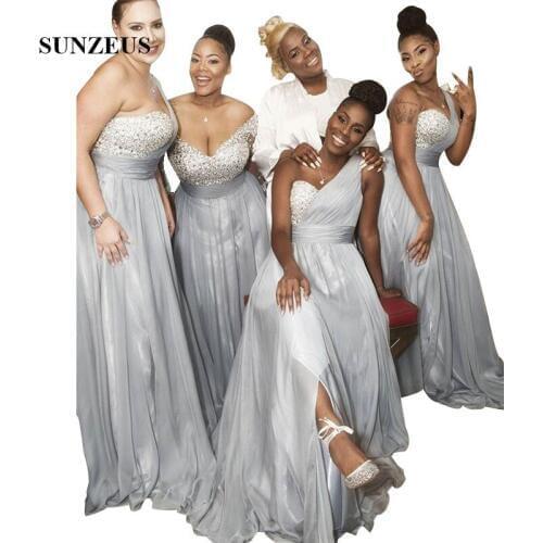 Silver Grey Chiffon Bridesmaids Dresses One Shoulder Long Wedding Party Gowns Sequins Beaded Formal Women Dress