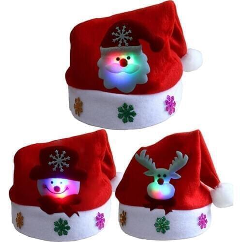 Merry Christmas Adult Kid LED Light Up Cap Santa Claus Snowman Elk Hat Xmas Gift Christmas Hats