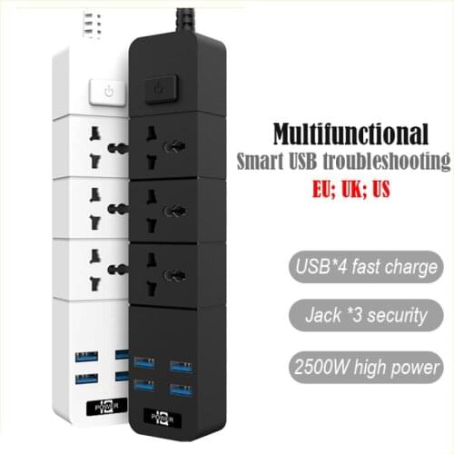 Smart Socket EU UK US Plug High-Power Socket Multi-Function 2M Power Socket Fire Retardant 2500W 10A USB*4 Multi-Purpose Hole*3