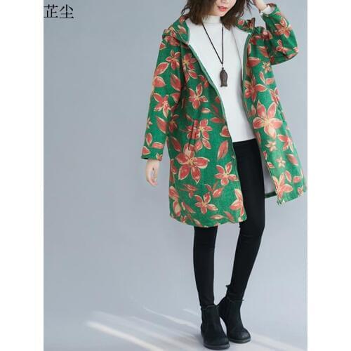 Vintage Art Ethnic Print Long Hooded Jackets Women Plus Size Cotton Linen Parka Autumn Winter Overcoat Female Thick Fleece Coats