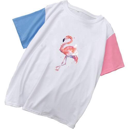 Women Korean Style T Shirt Harajuku Short Sleeve Colorblock Splicing Cotton Tops Female Summer Casual Kawaii Cartoon Flamingo Te