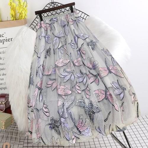 High quality Sequins Embroidery Dragonfly Mesh Pleated Skirt Women 2021 Summer Elegant Ladies Elastic High Waist Skirts