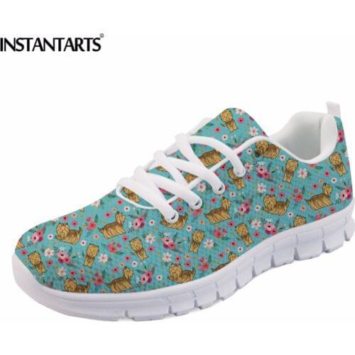 INSTANTARTS Women Casual Flats Cute Dog Yorkshire Terrier Pug Flower Pattern Sneakers for Female Lace Up Spring Mesh Flat Shoes