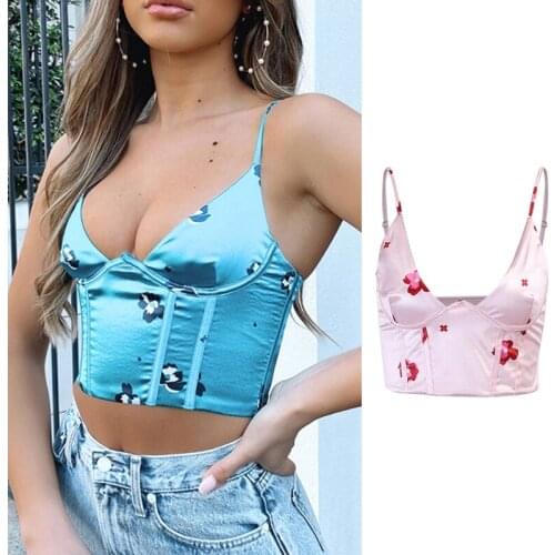 Women Summer Strap Satin Top Sexy Deep V-Neck Vintage Floral Print Camisole Aesthetic Backless Slim Vest