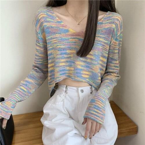 Womens Knitted Pullover Sweeter Rainbow Striped V-neck Long Sleeves Loose Short Top Wholesale 2021 New Fashion Female Clothing