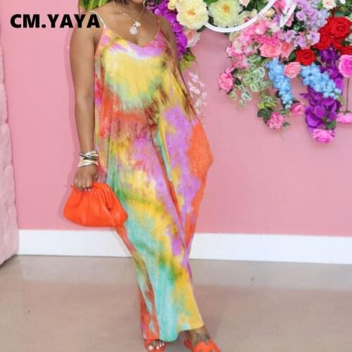 CM.YAYA Women Dress Print Spaghetti Strap V-neck Loose Floor-length Dresses Female Casual High Street Fashion Outfit Summer 2021