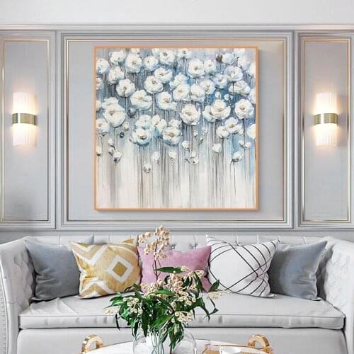 100% Hand Painted Abstract Oil Painting Wall Art Blue White Rose Modern On Canvas For Living Room Picture Minimalist Decorative