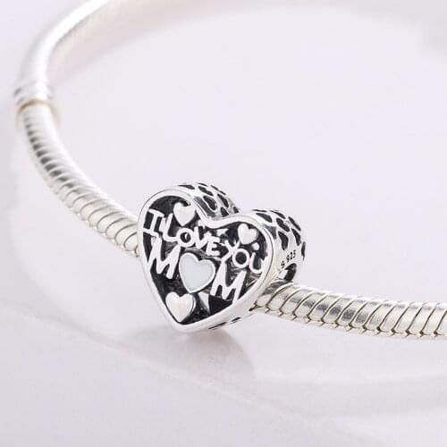 925 Sterling Silver Hollow Heart Shape Grey Color I Love You Mom Pendant Charm Bracelet DIY Jewelry Making For Original Pandora