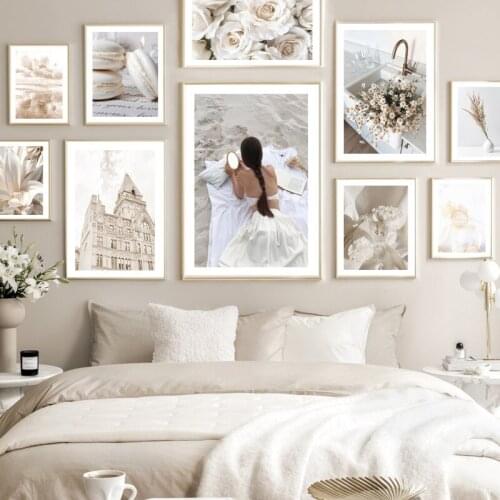 Girl White Flower Macaron Beach Reed Building Wall Art Print Canvas Painting Nordic Poster Wall Pictures For Living Room Decor