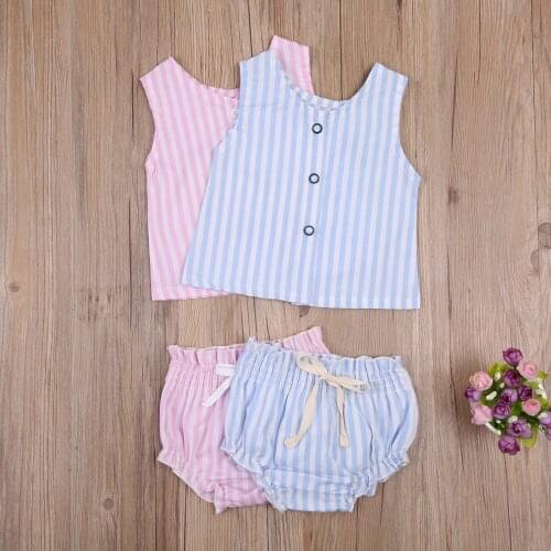 Summer Kid Girl Tops Shorts Fashion Leisure Suit Strip Printed Sleeveless Buttons Round Neck Vest Bowknot Ruffle Loose Pants