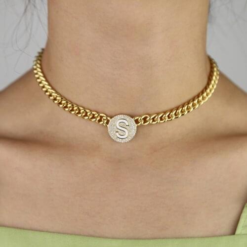 Hip hop new Miami Cuban link chain choker necklace with coin charm Iced out cz round Heart with Letter S tag chain necklaces