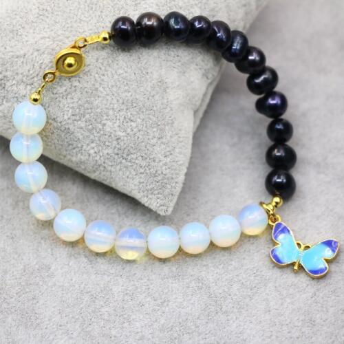 New fashion natural black 7-8mm pearl opal 8mm round beads strand charms bracelets for women high quality jewerly 7.5inch B2932