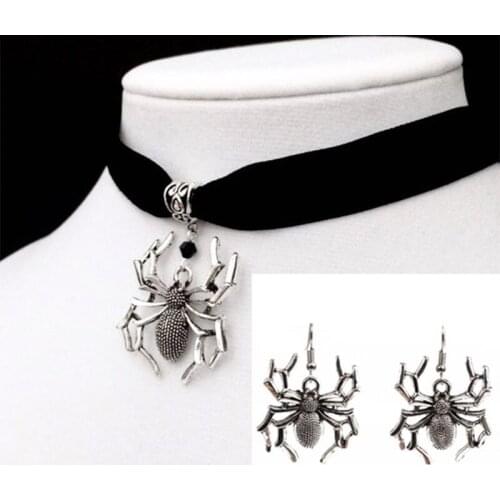 Spider Choker Black Velvet Gothic Jewelry Web Necklace Silver Colour Web Victorian Jewelry Fashion Women 1/set Earring Necklace