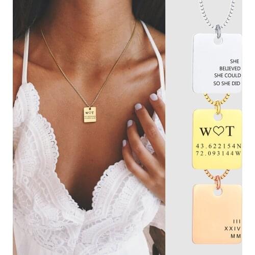 Personalized Rectangle Square Necklace for Women, Custom Stamped Initinal Name Necklace,Statement Stainless Steel Pendant