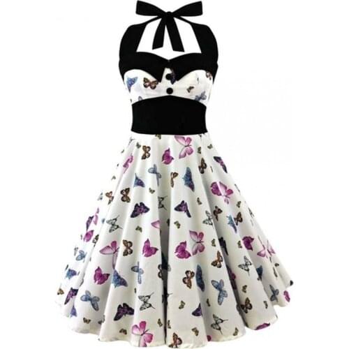 Plus Size Women Floral Print 2021 Summer Dress Sexy Retro White Halter Vintage Dress Robe Femme Pin Up Rockabilly Party Dress