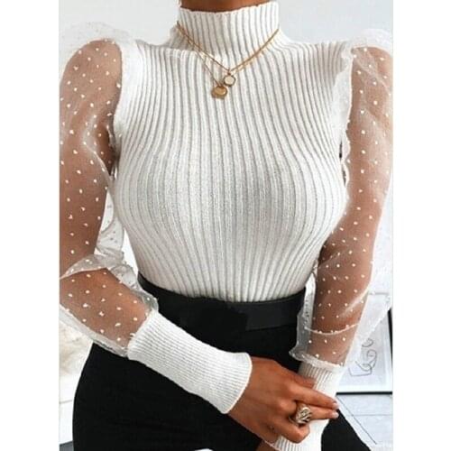 Turtleneck Knitted Polka Dot Puff Long Sleeve Blouse Women Mesh Sheer See-through Shirt Elegant Ladies Slim Tops Blusa Femme