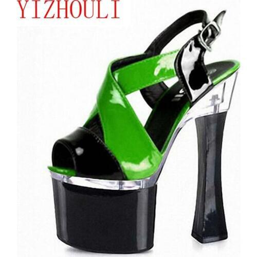 Spell color contrast color fish mouth hollow out sandals, 18 cm super high heels, with big size Dance Shoes