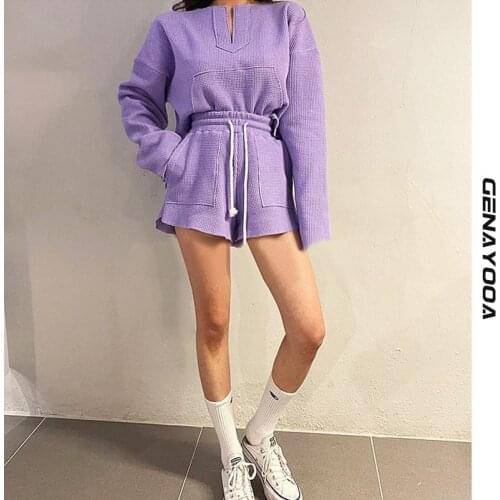 Genayooa Streetwear V-neck Tracksuit Shorts Hoodie Long Sleeve Pullover Two Pieces Set Korean 2 Pieces Suit 2021 Autumn
