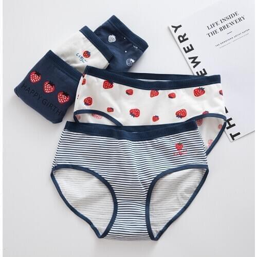 Cotton Panties Strawberry Print Cute Underwear Girl Blue Cartoon Women Lingerie Breathable Lovely Briefs NK78