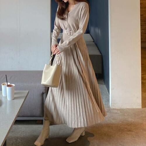 Spring autumn o-neck simple v-neck thick formal dress temperamental high quality work style elegant knit elastic a-line dress