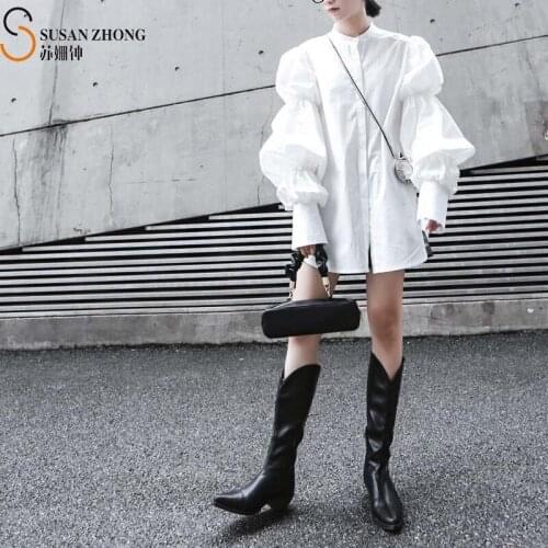 Women Shirts Female Blouses Ladies Tops Japan Style Designer Fall Spring Cotton Round Neck Layer Puff Sleeve Button Wave Cut Hem