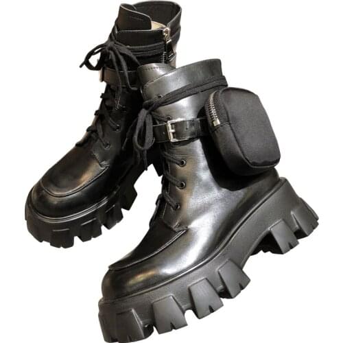 2020 Fashion Pocket Boot For Women Martin Boots Thick Bottom Lace Up Military Combat Runway Buckle Strap Ankle Boots Size 35-40