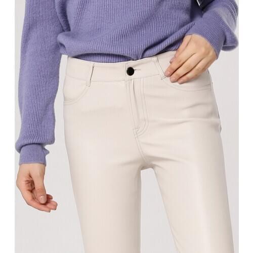 Luxury Elastic 100% Real Leather Pants Women Autumn Winter Elegant Zipper Design Ankle Length Pencil Pants Brand Office Pants