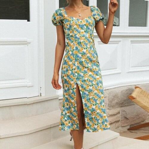 Women Puff Sleeve V-neck Long Dress Sexy Short Sleeve Split Dress Floral Print Slim Robe Casual Beach Vacation Dresses Vestidos