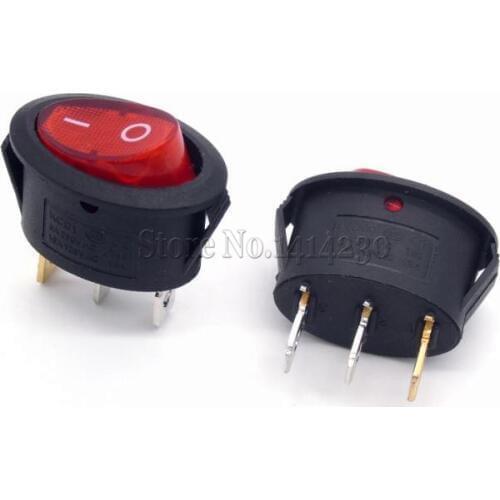 10PCS 2 Position 3 Pins Mini Oval Rocker Switch ON-OFF AC 6A 250V 10A 125V With Red Light