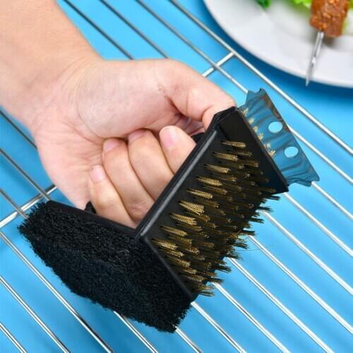 2 Pcs Grill Brush Scraper BBQ Brush Scrub Pad Brass Wire 3 in 1 Bristles Cleaning Grate Cleaners Camping Cookware Accessories