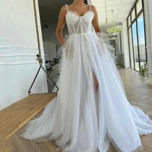 Spaghetti Straps White Cheap Wedding Dress Sexy Split Side Dots Tulle A Line Wedding Gowns Plus Size Bridal Dresses Beach