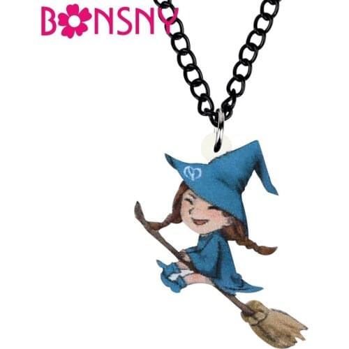 Bonsny Acrylic Halloween Cartoon Broom Magical Witch Necklace Choker Pendant Collar Jewelry For Women Kids Trendy Charms Gifts