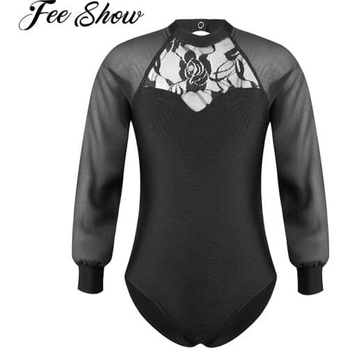 Kids Girl High Neck Mesh Long Sleeve Ballet Leotards Gymnastics Dancewear Lace Embroidered Flower Ballet Dancer Leotard Bodysuit