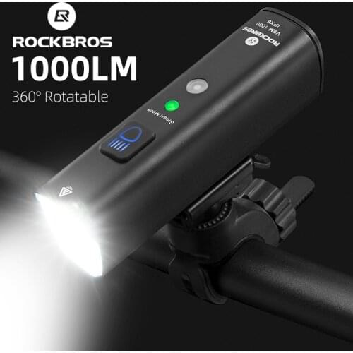 ROCKBROS Front Bike Light Smart Vibration 1000Lumen Sensing 4000mAh Headlight 5 Modes USB LED Flashlight MTB Bike Accessories