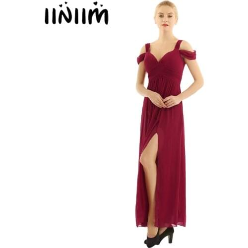 Iiniim Womens Ladies Summer Party Dress Chiffon Off-The-Shoulder Side Split Long Dress Evening Prom Gown Chiffon Dress
