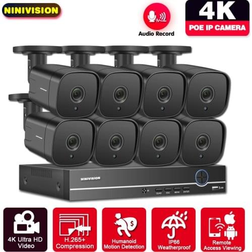 4K Ultra HD 8MP Security Camera System h.265 POE NVR Kit CCTV Outdoor Metal Audio Black Bullet IP Video Surveillance Camera Set