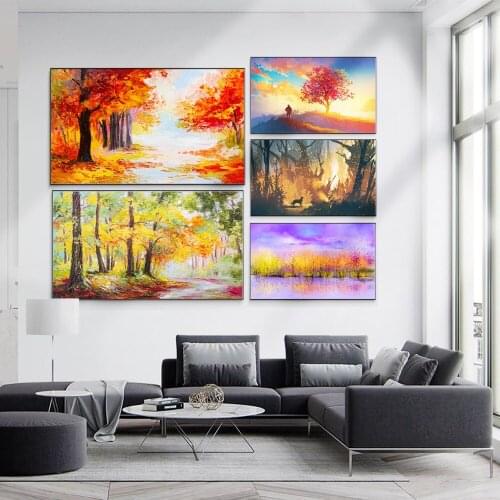 Oil Painting Golden Autumn Colorful Forest Canvas Painting Living Room Bar Corridor Home Decoration Art Mural