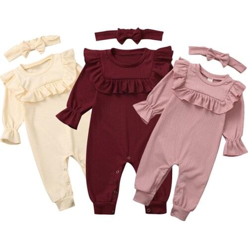 Newborn Infant Baby Girls Clothes Ruffle Solid Color Romper Long Sleeve Jumpsuit Headband Outfits 6 12 18 24 Months ropa niña
