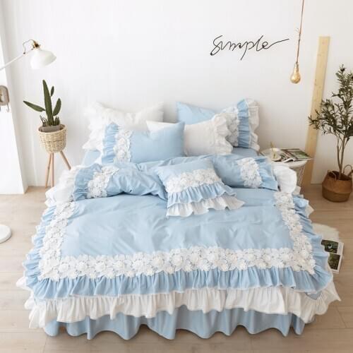 100%Cotton Bed Linen Sets King Size Blue Duvet Cover Bed Skirt Pillowcase for Princess Room Korean Lace Bedding Set Luxury