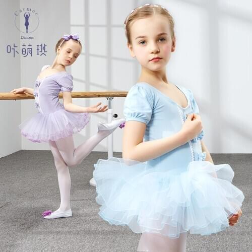 New Childrens Dance Dress Girls Short-sleeved Ballet Skirt Kids Dancing Training Uniform Childrens Gymnastic Dress B-6279