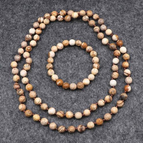 New Trendy Jewelry Set Natural Picture Stone 8mm Beaded Necklace Bracelet for Women Long Chain High Grade Sets Accessories B190